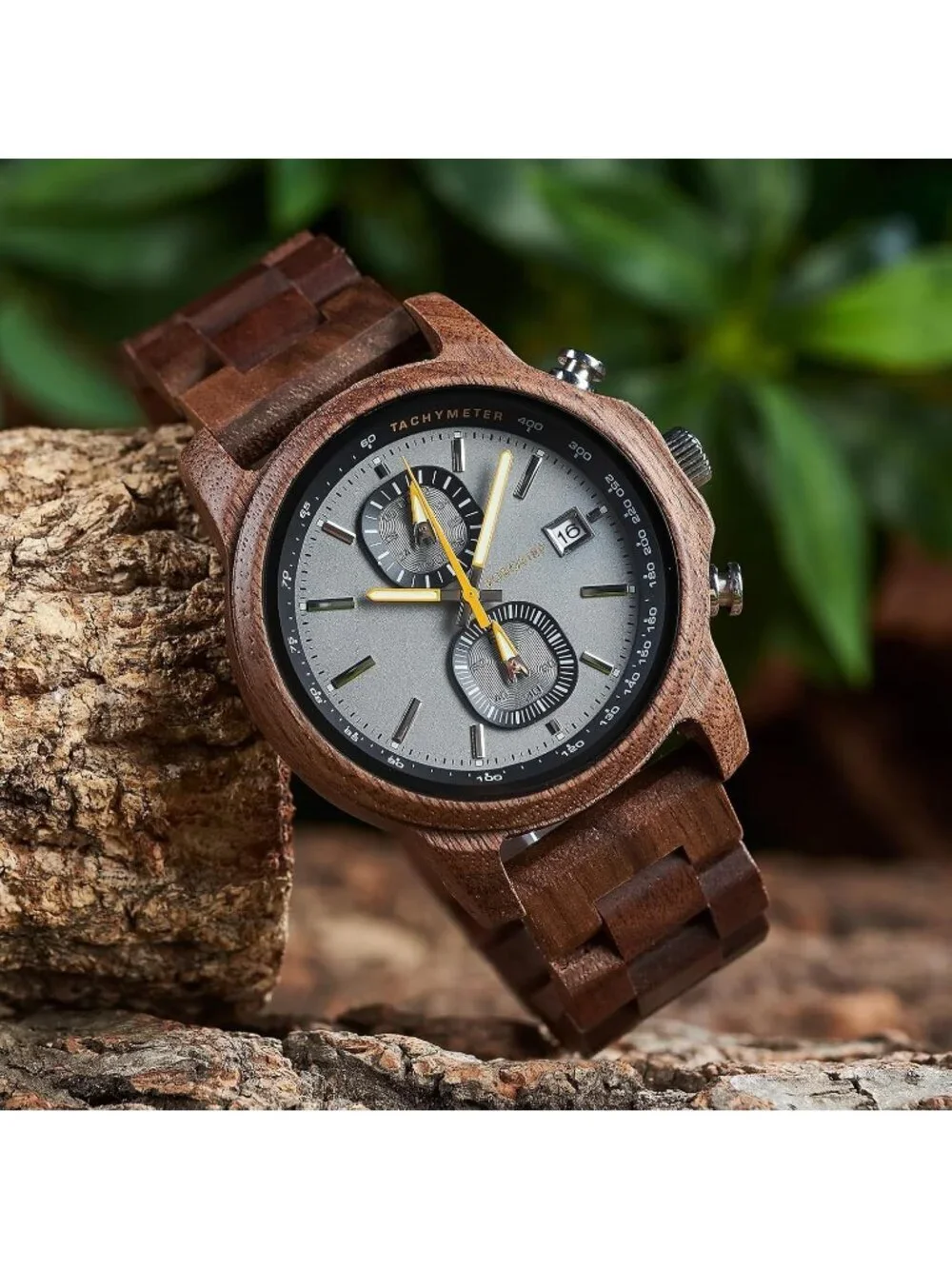 Men's Grey Analog Quartz Ultra-Light Luminous Chronograph Casual Wooden Watch